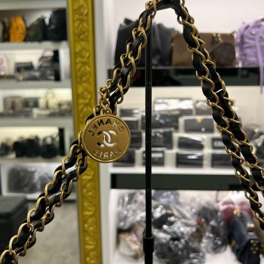 東區正精品㊣CHANEL 22 BAG AS3260 香奈兒黑色全皮米白字金幣金鍊熊貓肩背包購物袋包小款 RZ6187-5
