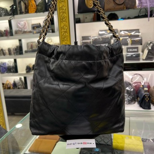 東區正精品㊣CHANEL 22 BAG AS3260 香奈兒黑色全皮米白字金幣金鍊熊貓肩背包購物袋包小款 RZ6187-7