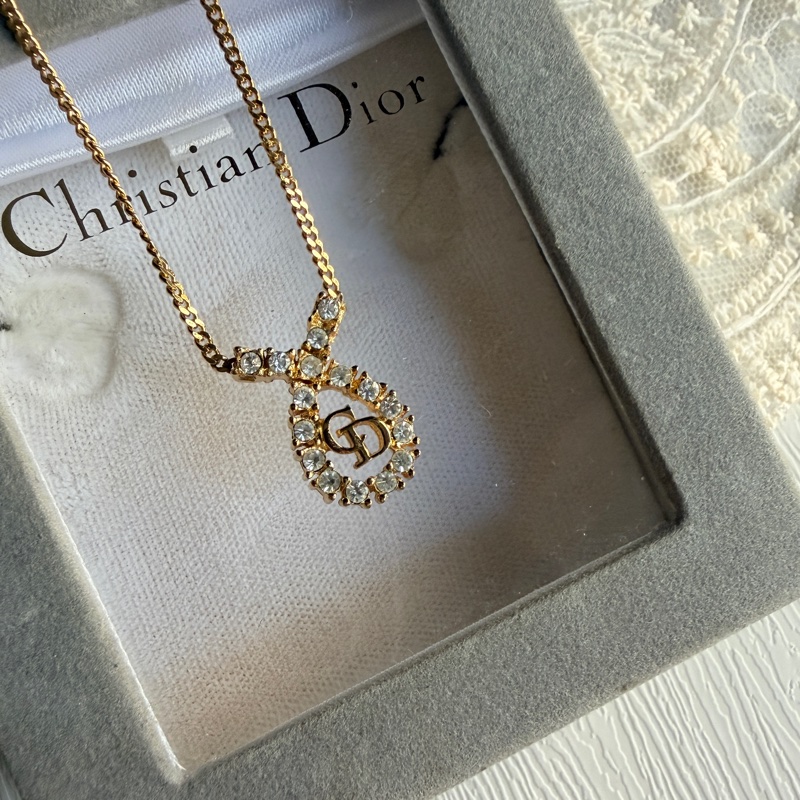 Christian Dior 水滴形萊茵石 頸鏈 項鏈 鍍金-0