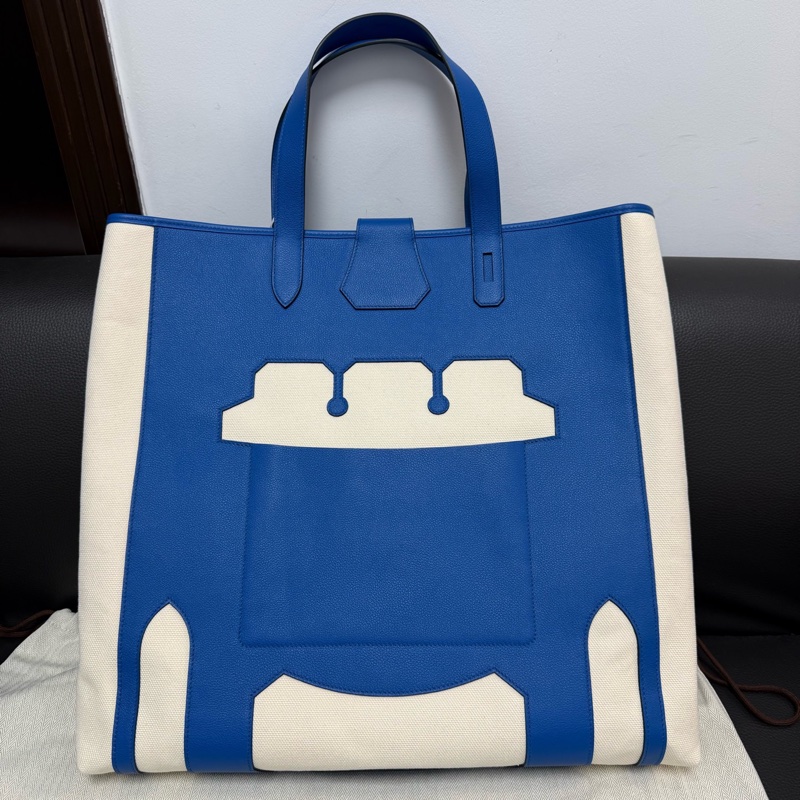 Hermes愛馬仕 Petith monisieur帆布拼皮藍色拼色 托特包-0
