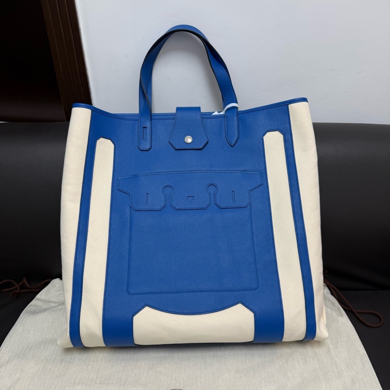 Hermes愛馬仕 Petith monisieur帆布拼皮藍色拼色 托特包-1