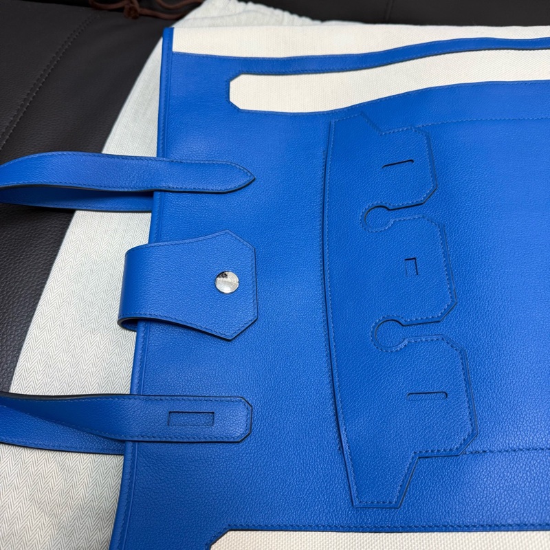 Hermes愛馬仕 Petith monisieur帆布拼皮藍色拼色 托特包-8