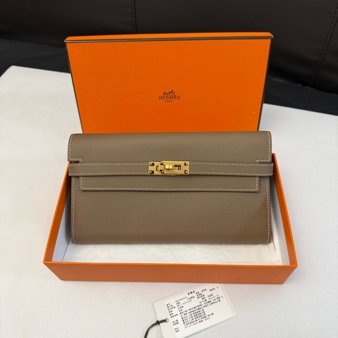 Hermes愛馬仕大象灰金扣Kelly錢包長款錢夾 可加肩帶秒變kellytogo斜挎背 e皮Y刻