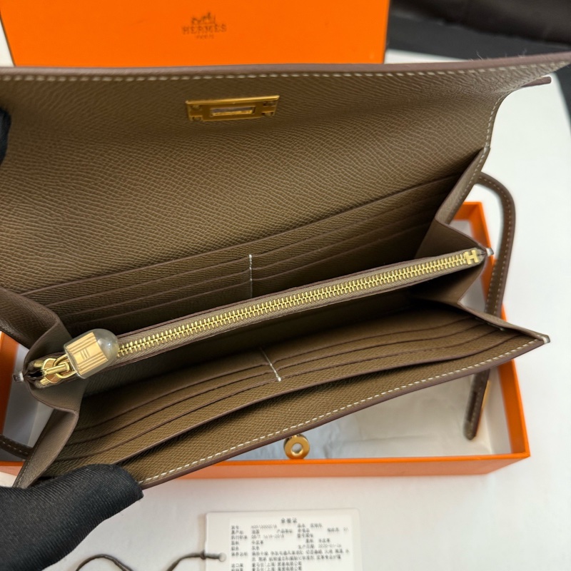 Hermes愛馬仕大象灰金扣Kelly錢包長款錢夾 可加肩帶秒變kellytogo斜挎背 e皮Y刻-5