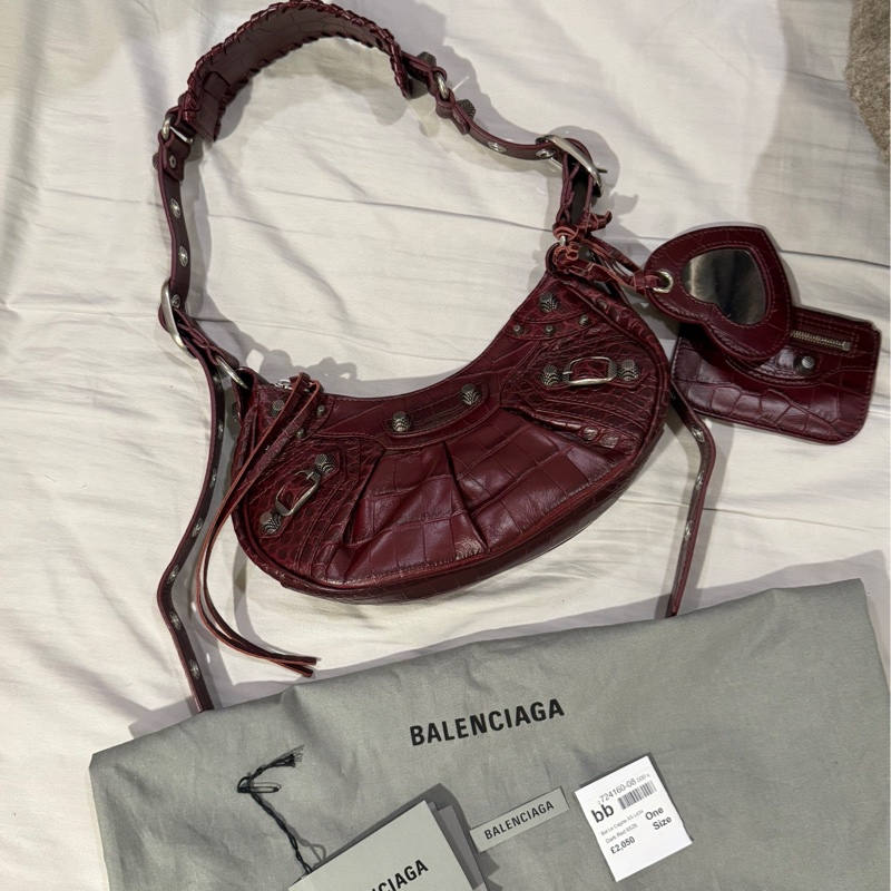 BALENCIAGA 巴黎世家Le Cagole XS 酒紅色 機車包 鞣製小羊皮肩/斜背可頌包-0