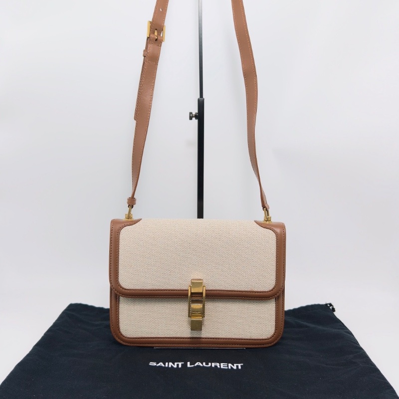 YSL carre焦糖拼色帆布肩背斜背豆腐包23*17*5 99新配件塵袋-1