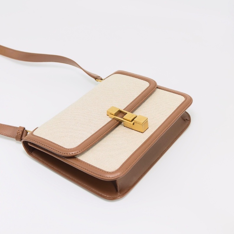 YSL carre焦糖拼色帆布肩背斜背豆腐包23*17*5 99新配件塵袋-3