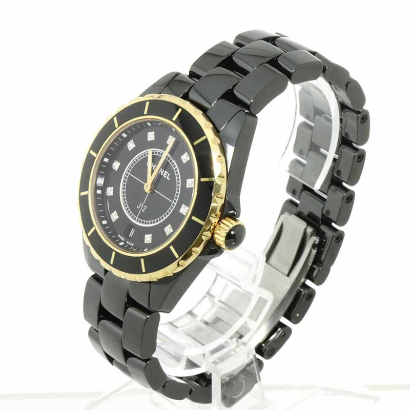 香奈兒 J12 38毫米 H2544 男士腕錶,鑲嵌11顆鑽石,日期顯示,黑色陶瓷錶殼,18K玫瑰金石英機芯-1