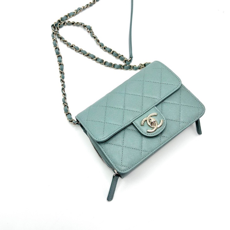 CHANEL綠松石色金扣 荔枝牛皮菱格紋肩背斜背包18*13*6.5 98新配件盒子塵袋-3