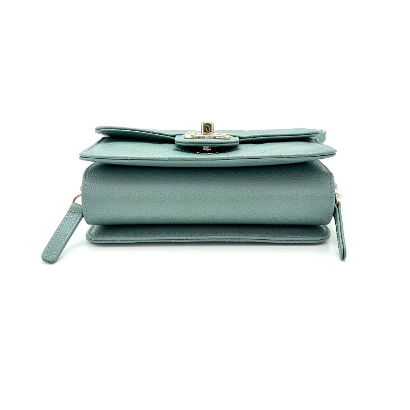 CHANEL綠松石色金扣 荔枝牛皮菱格紋肩背斜背包18*13*6.5 98新配件盒子塵袋-4