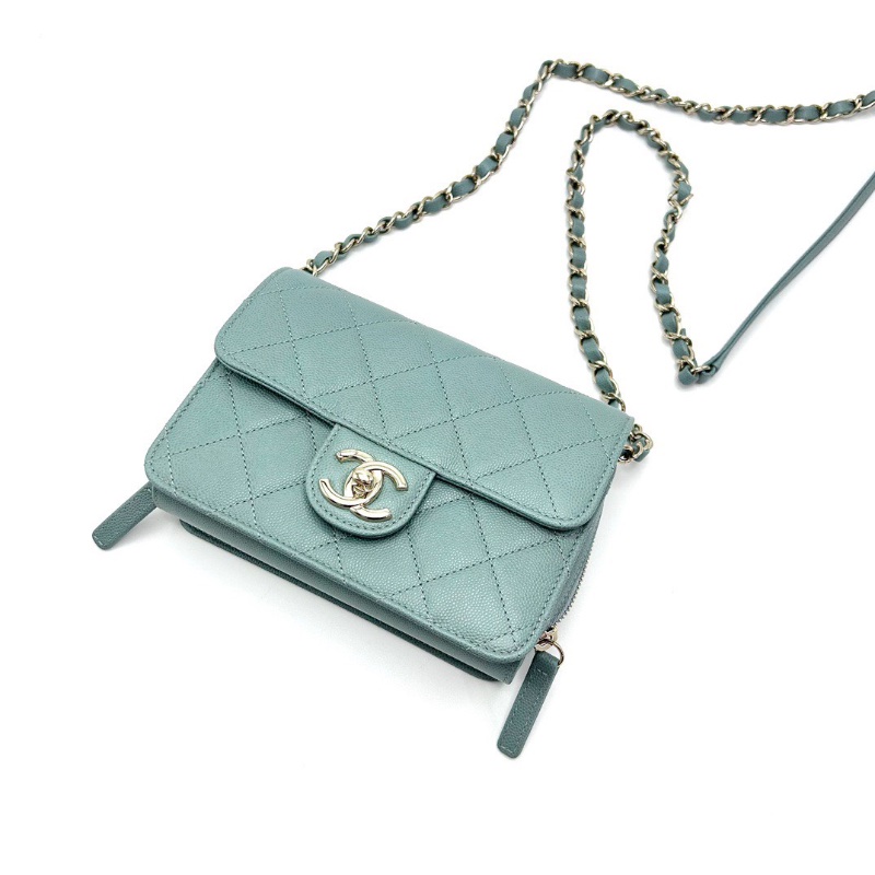 CHANEL綠松石色金扣 荔枝牛皮菱格紋肩背斜背包18*13*6.5 98新配件盒子塵袋-5