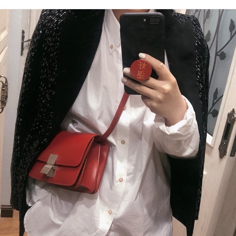 CELINE 紅色銀扣Box小號肩背斜背包16.5*14*6 99新配件塵袋-0