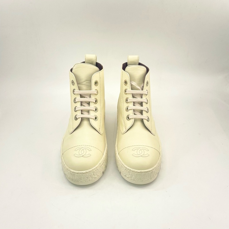95新/CHANEL香奈兒/37碼/雙c米杏色短靴,裸鞋-1