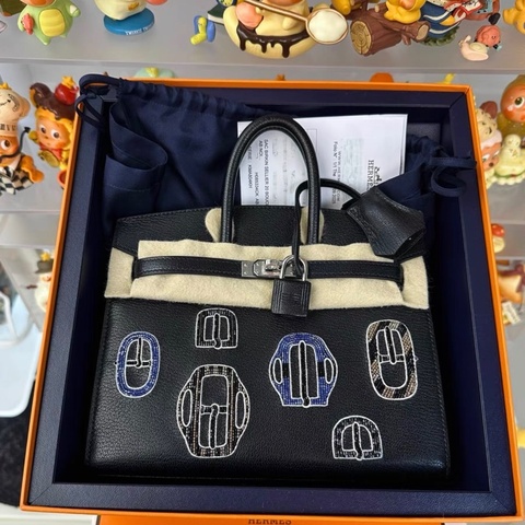 HERMES/愛馬仕 Birkin20 藍釘珠藍徽章 黑銀刺繡徽章 限量款 山羊皮 銀扣  K刻 全新全套帶票