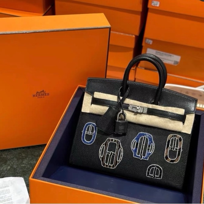 HERMES/愛馬仕 Birkin20 藍釘珠藍徽章 黑銀刺繡徽章 限量款 山羊皮 銀扣 K刻 全新全套帶票-1