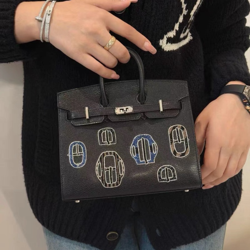 HERMES/愛馬仕 Birkin20 藍釘珠藍徽章 黑銀刺繡徽章 限量款 山羊皮 銀扣 K刻 全新全套帶票-3