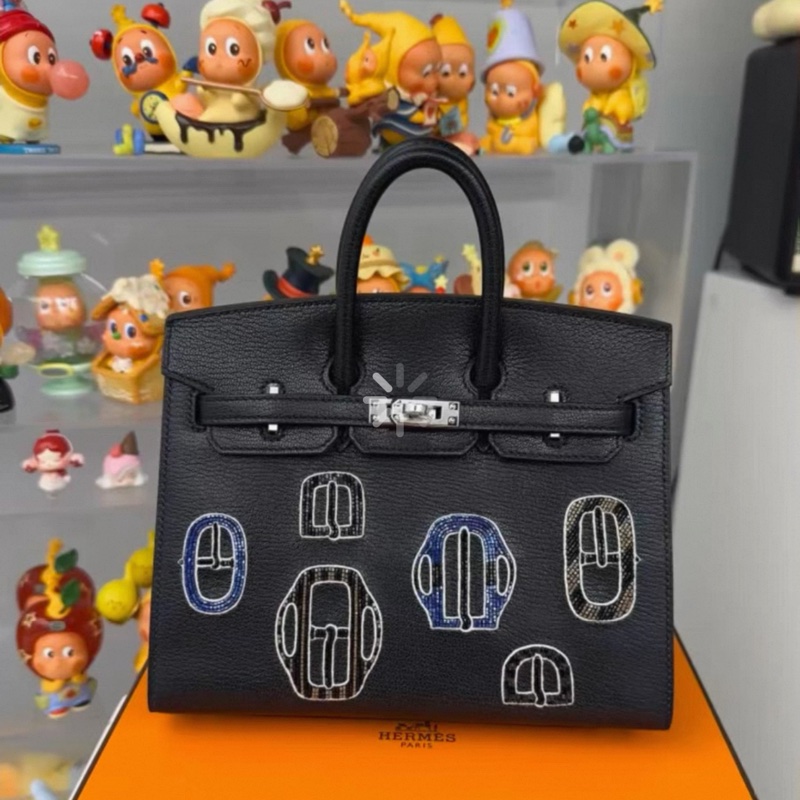 HERMES/愛馬仕 Birkin20 藍釘珠藍徽章 黑銀刺繡徽章 限量款 山羊皮 銀扣 K刻 全新全套帶票-4