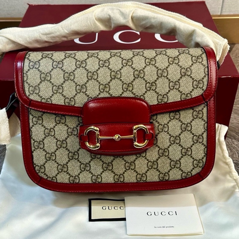 99新,未使用Gucci 古馳 1955復古金扣老花滿logo 馬鞍包 單肩斜挎包 上身超好看 超級無敵百搭-0