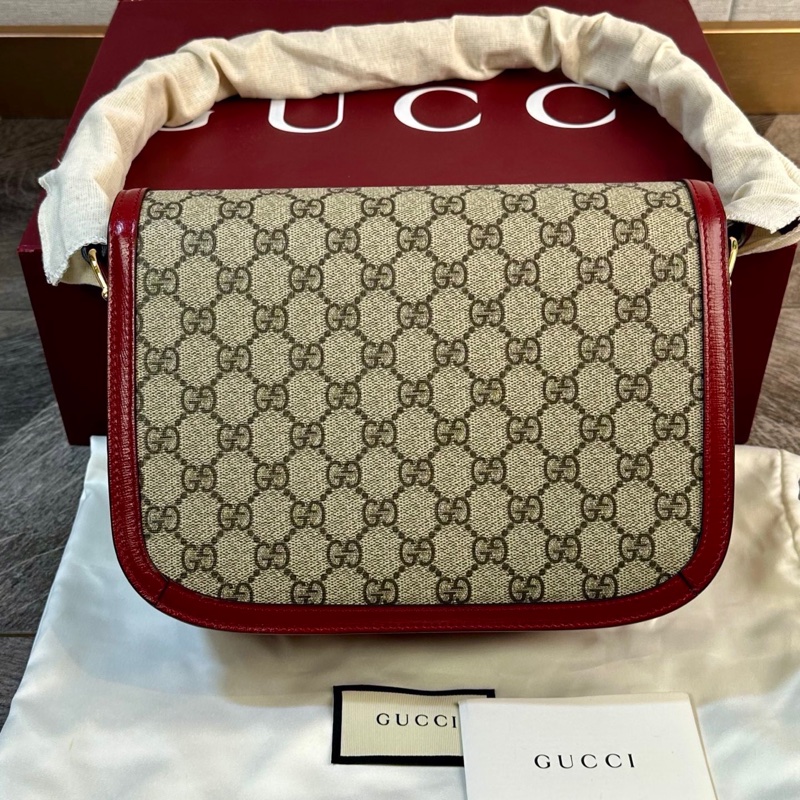 99新,未使用Gucci 古馳 1955復古金扣老花滿logo 馬鞍包 單肩斜挎包 上身超好看 超級無敵百搭-1