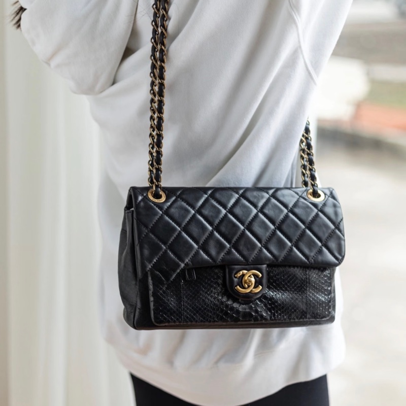 「JL精品代購」9新 Chanel 香奈兒 cf 蟒蛇皮拼牛皮-1