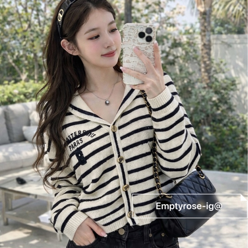 Dior 條紋海軍領🩶刺繡字母QQ紗針織上衣/外套-0