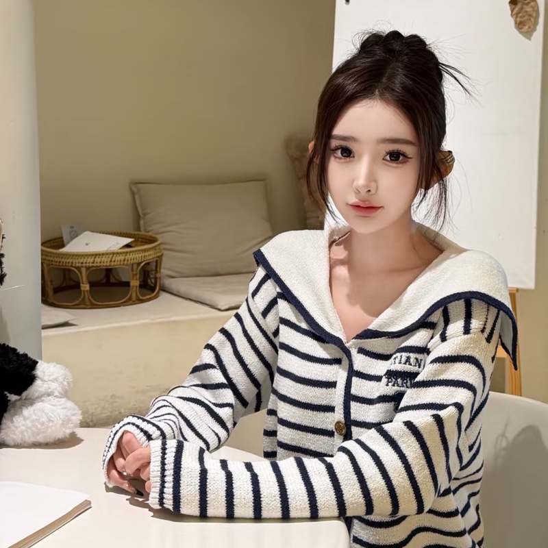 Dior 條紋海軍領🩶刺繡字母QQ紗針織上衣/外套-1