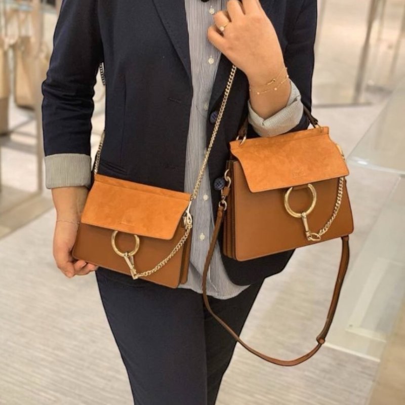 🎊新年特賣🧧Chloe 小款 Faye 麂皮小牛皮金鍊斜背包 焦糖色-2