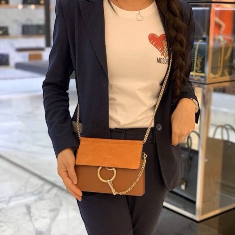 🎊新年特賣🧧Chloe 小款 Faye 麂皮小牛皮金鍊斜背包 焦糖色-3