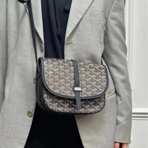 超稀有😍99新🆕Goyard戈雅黑色老花拼皮銀扣Belvédère郵差包單肩斜挎包