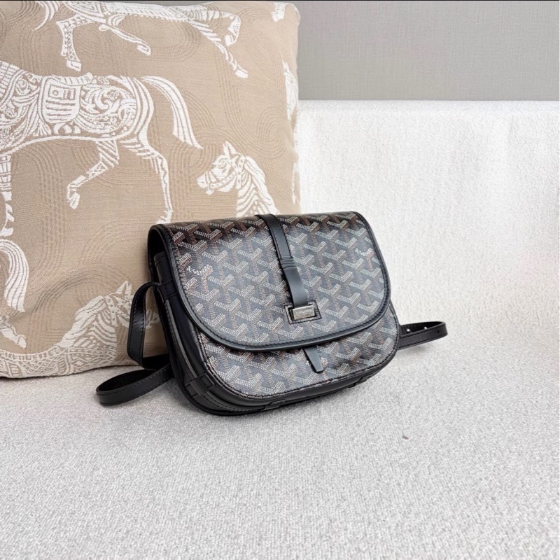 超稀有😍99新🆕Goyard戈雅黑色老花拼皮銀扣Belvédère郵差包單肩斜挎包-8