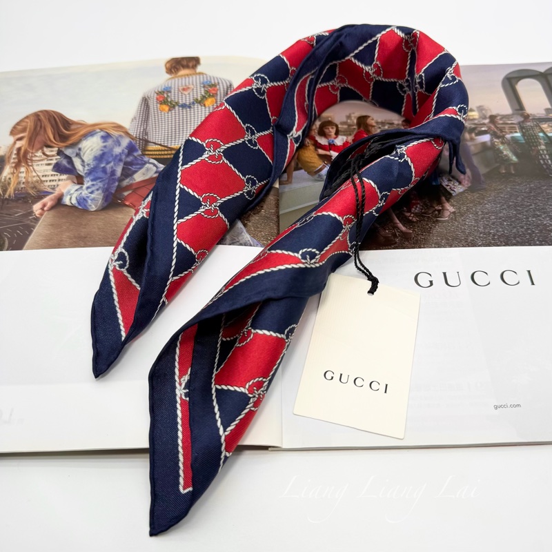 GUCCI 古馳 經典GG緹花繩結圖騰紅藍色絲巾｜方巾-0