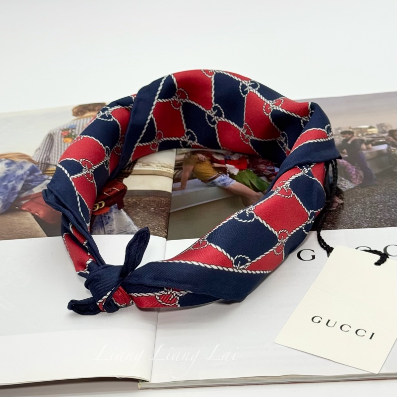 GUCCI 古馳 經典GG緹花繩結圖騰紅藍色絲巾｜方巾-1