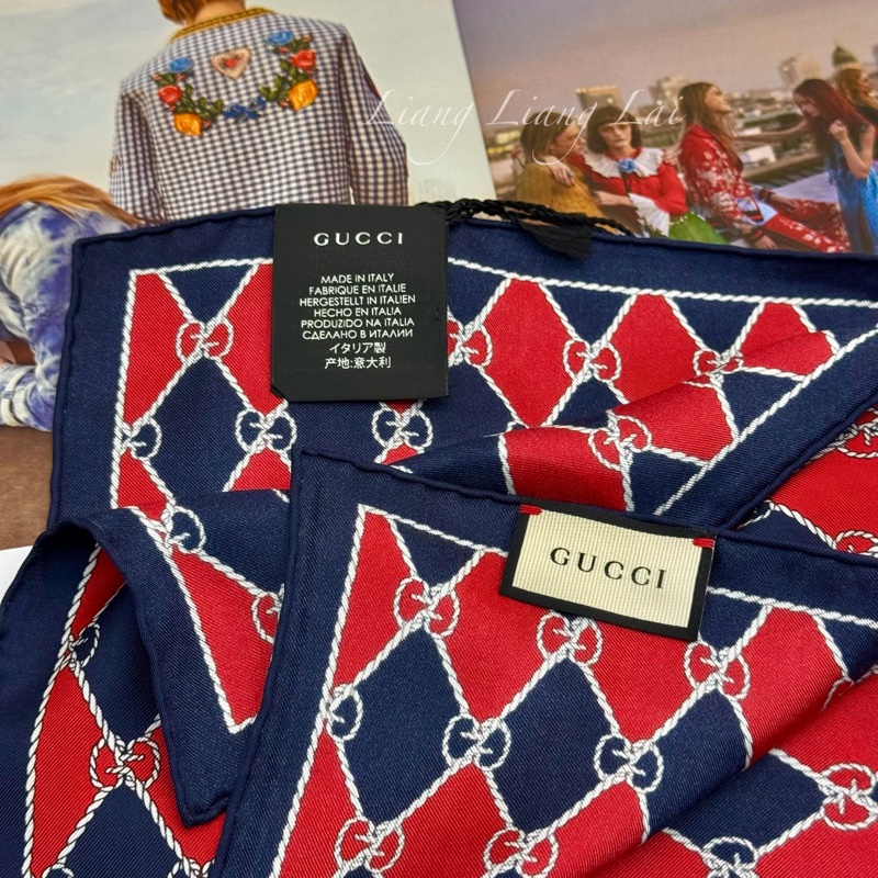 GUCCI 古馳 經典GG緹花繩結圖騰紅藍色絲巾｜方巾-3