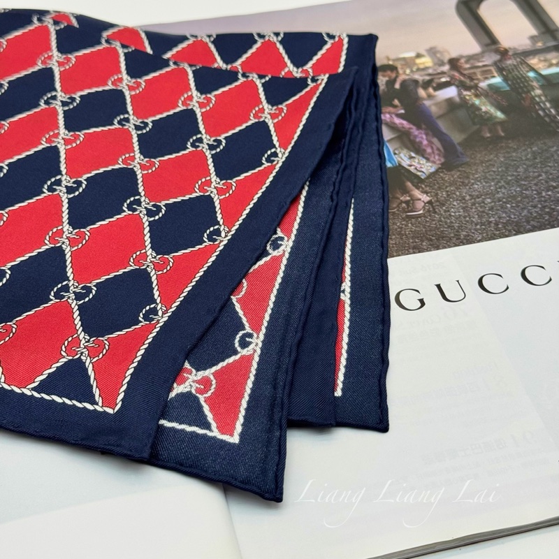 GUCCI 古馳 經典GG緹花繩結圖騰紅藍色絲巾｜方巾-6