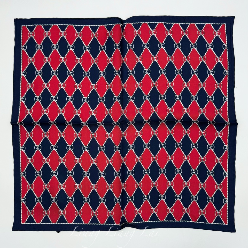 GUCCI 古馳 經典GG緹花繩結圖騰紅藍色絲巾｜方巾-7