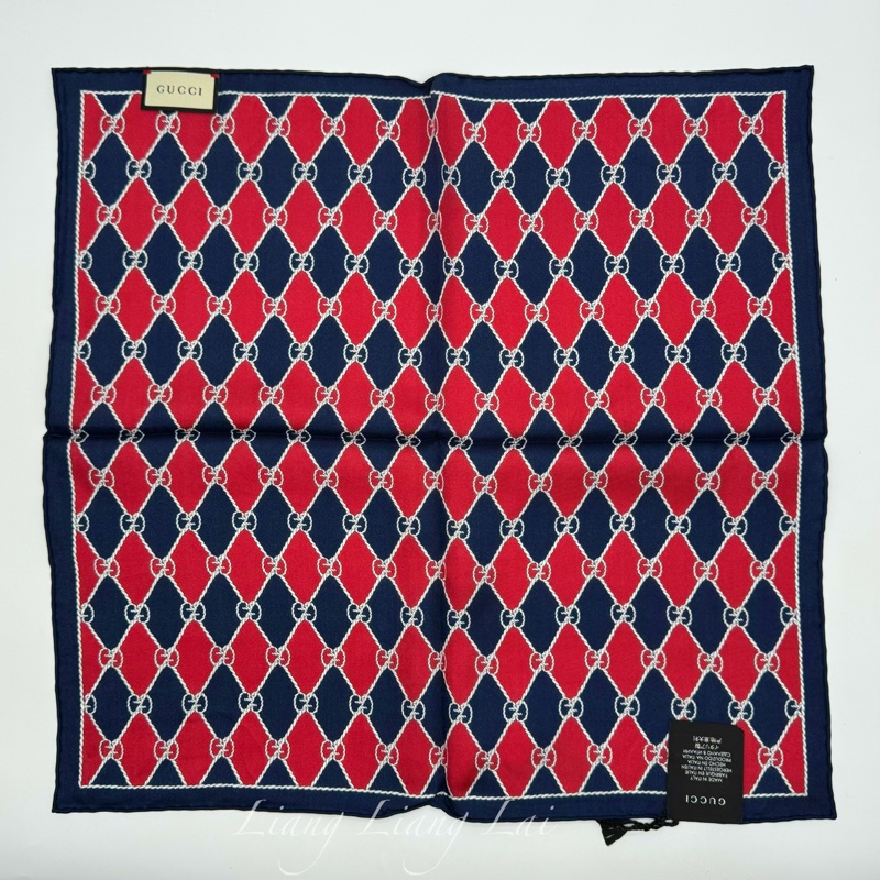 GUCCI 古馳 經典GG緹花繩結圖騰紅藍色絲巾｜方巾-8