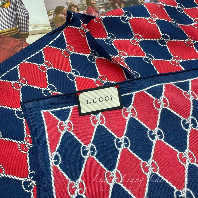 GUCCI 古馳 經典GG緹花繩結圖騰紅藍色絲巾｜方巾-9