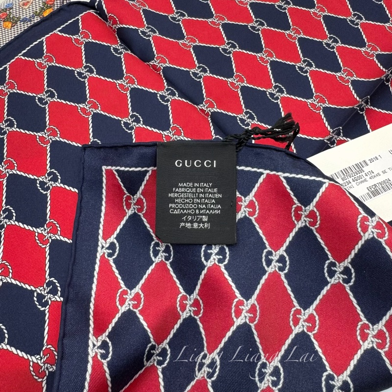 GUCCI 古馳 經典GG緹花繩結圖騰紅藍色絲巾｜方巾-10
