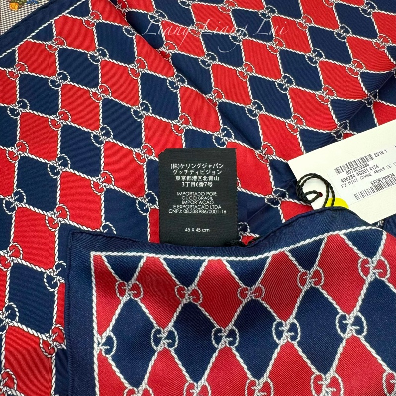 GUCCI 古馳 經典GG緹花繩結圖騰紅藍色絲巾｜方巾-12
