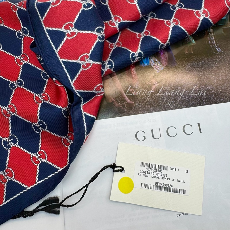 GUCCI 古馳 經典GG緹花繩結圖騰紅藍色絲巾｜方巾-13