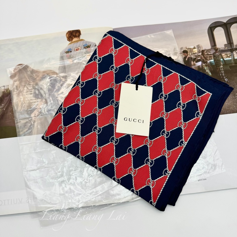 GUCCI 古馳 經典GG緹花繩結圖騰紅藍色絲巾｜方巾-14
