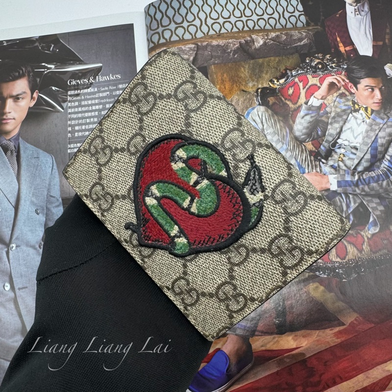 GUCCI 古馳 GG Supreme 愛心蛇刺繡短夾|卡夾-17