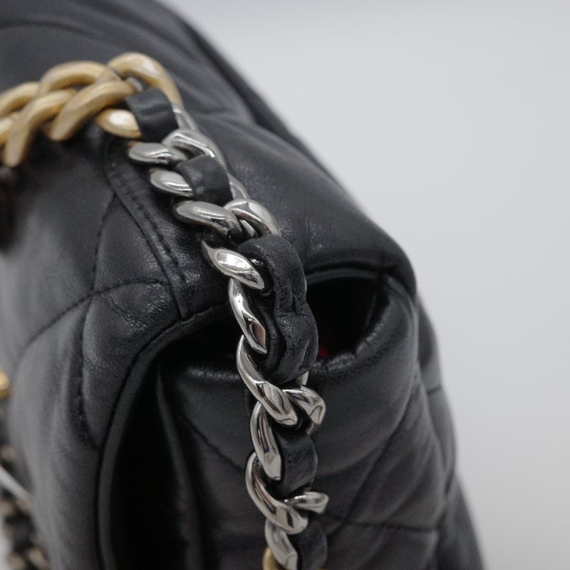 Chanel 香奈兒 19 菱格紋 黑色 小羊皮 口蓋包 雙色鍊條 肩背包-8