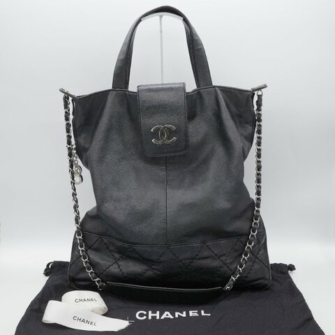 Chanel香奈兒 菱格紋縫線  黑色牛皮 可擴展拉鍊 托特包 肩背包