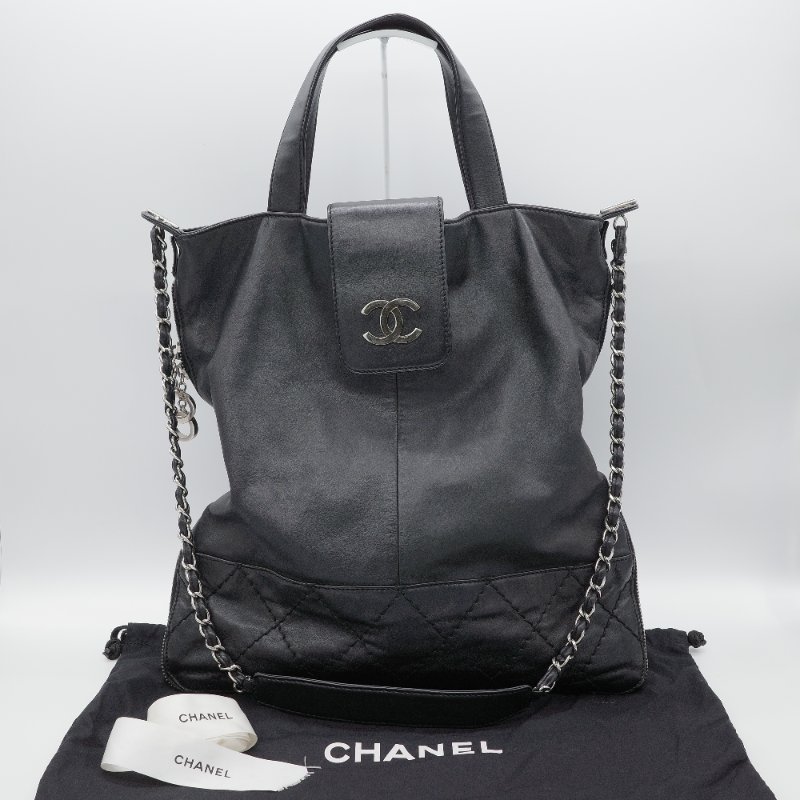 Chanel香奈兒 菱格紋縫線  黑色牛皮 可擴展拉鍊 托特包 肩背包-0