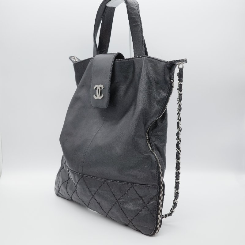 Chanel香奈兒 菱格紋縫線  黑色牛皮 可擴展拉鍊 托特包 肩背包-1
