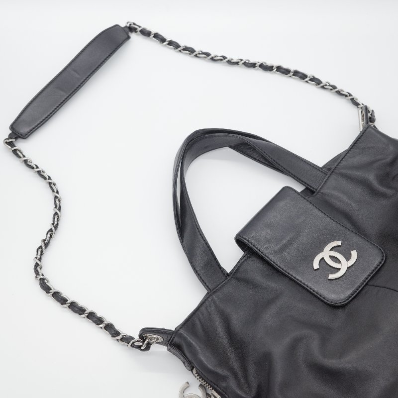 Chanel香奈兒 菱格紋縫線  黑色牛皮 可擴展拉鍊 托特包 肩背包-4