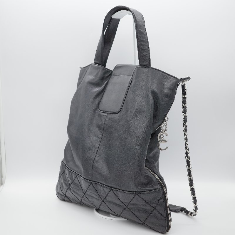 Chanel香奈兒 菱格紋縫線  黑色牛皮 可擴展拉鍊 托特包 肩背包-7