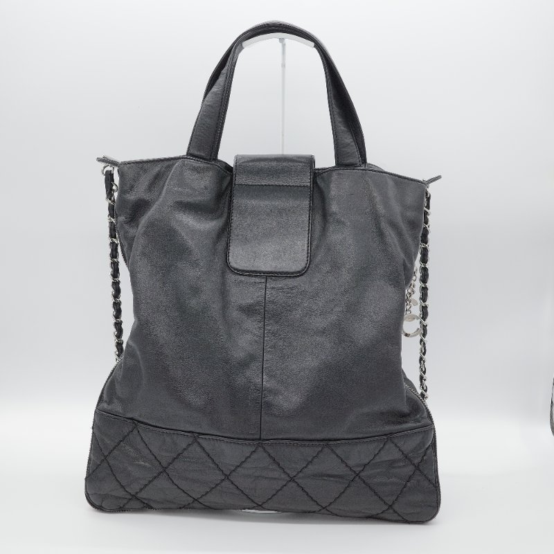 Chanel香奈兒 菱格紋縫線  黑色牛皮 可擴展拉鍊 托特包 肩背包-8