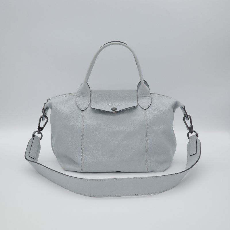Longchamp 瓏驤 Le Pliage Cuir 灰色 小羊皮 手提包 肩背包-0